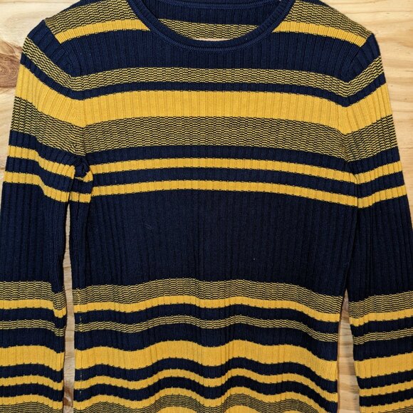 Brooks Brothers Women's Medium 100% Merino Wool Striped Sweater Gold Blue Crew - Picture 3 of 9